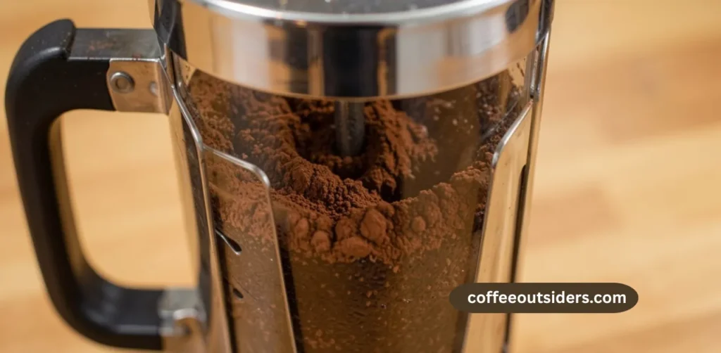 Cocoa powder mixed into dry coffee grounds in a French press before brewing