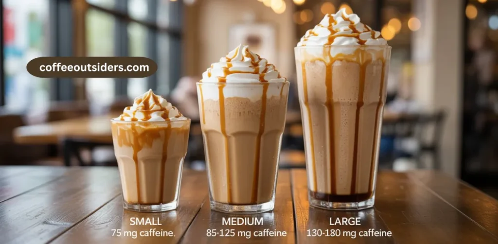 Comparison of small medium and large caramel frappe sizes with different caffeine amounts