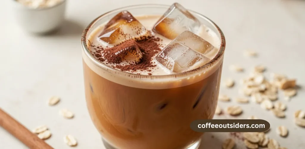 Iced cold brew coffee infused with cocoa powder served in a glass with oat milk