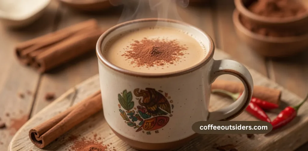 Mexican mocha coffee with cocoa cinnamon and cayenne pepper in a ceramic mug