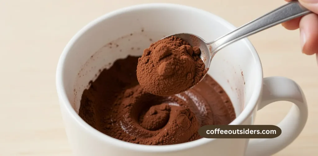 Teaspoon of Dutch-process cocoa powder being stirred into a paste in a white coffee mug