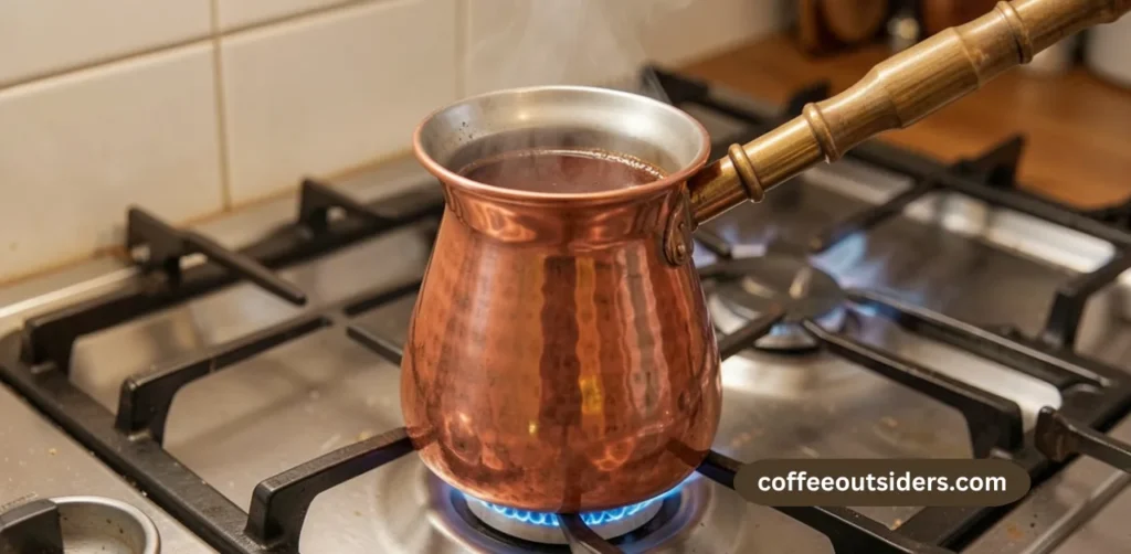 copper cezve ibrik brewing turkish coffee on stovetop