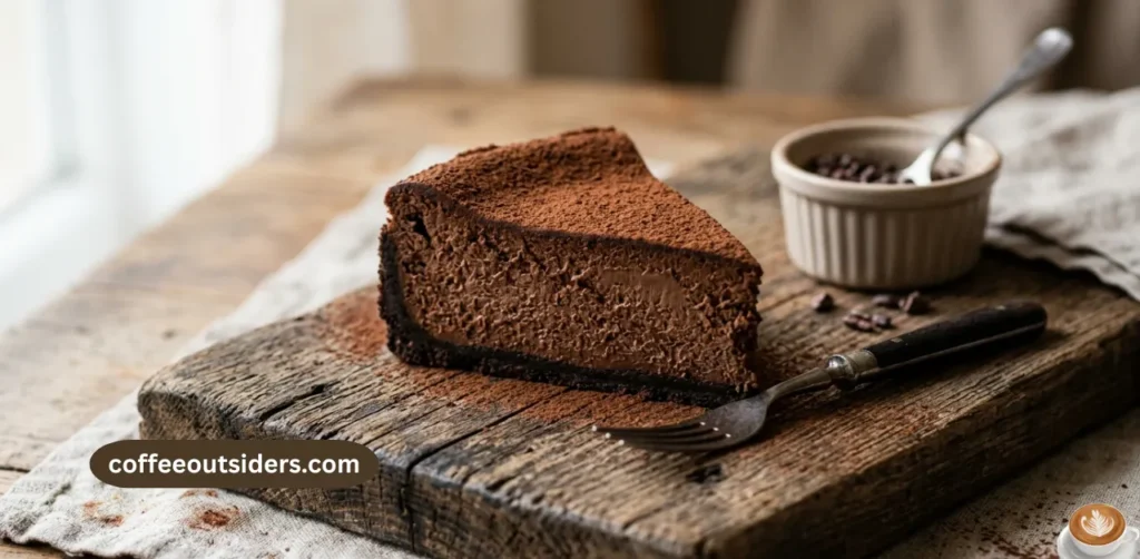 A perfectly set slice of chocolate cottage cheese cheesecake dusted with cocoa powder on a rustic wooden board