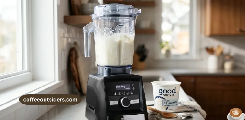 Blending Good Culture full-fat cottage cheese in a Vitamix blender until smooth and creamy