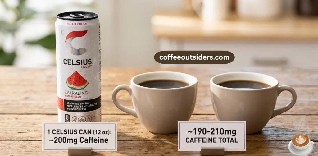 Celsius drink vs coffee caffeine comparison showing energy drink and coffee cups side by side