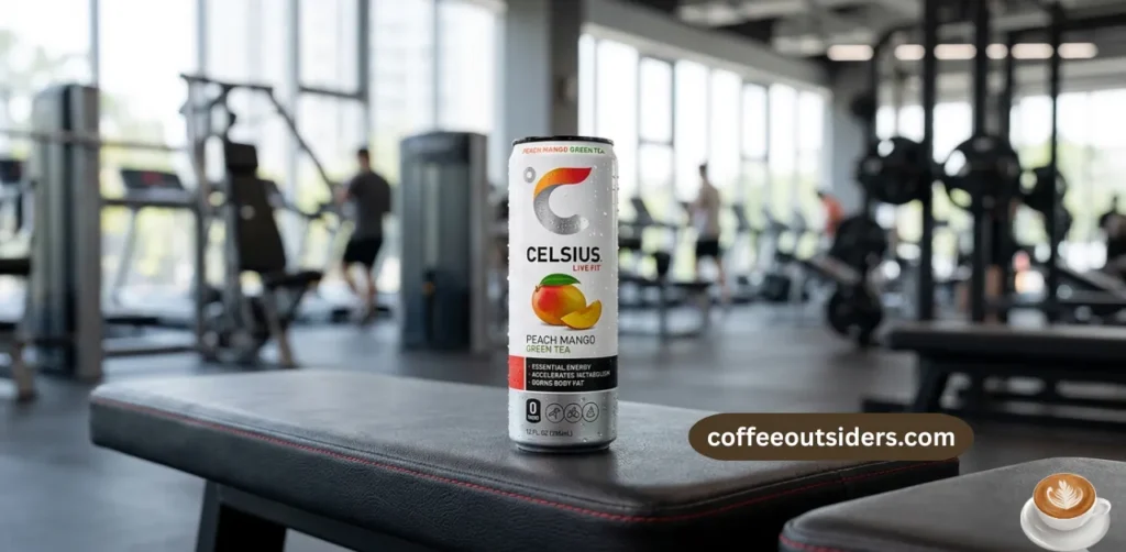 Celsius energy drink can in gym environment showing fitness lifestyle energy boost