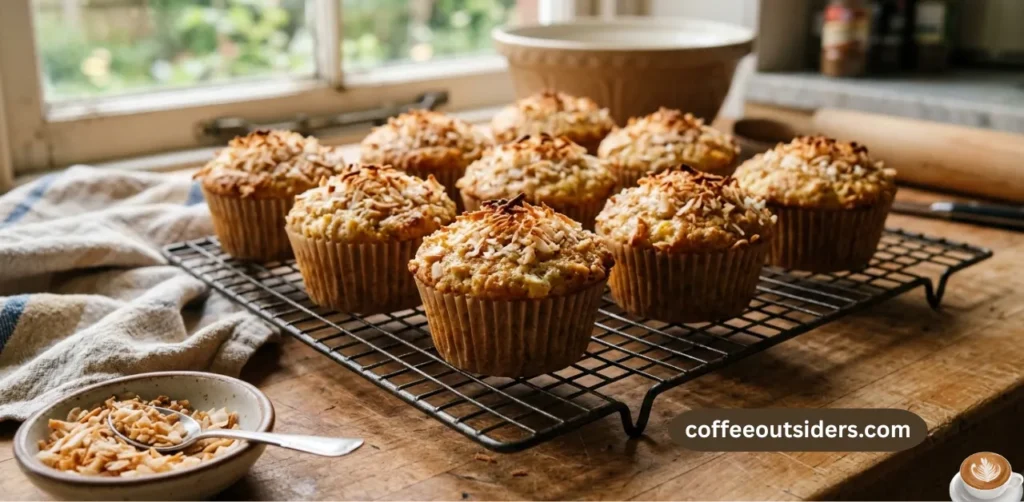 Coconut and pineapple cottage cheese muffins cooling on a wire rack with toasted coconut on top