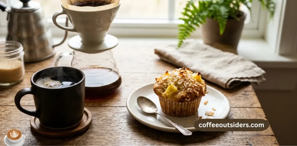 Coconut pineapple cottage cheese muffin on a white plate beside a cup of pour-over coffee
