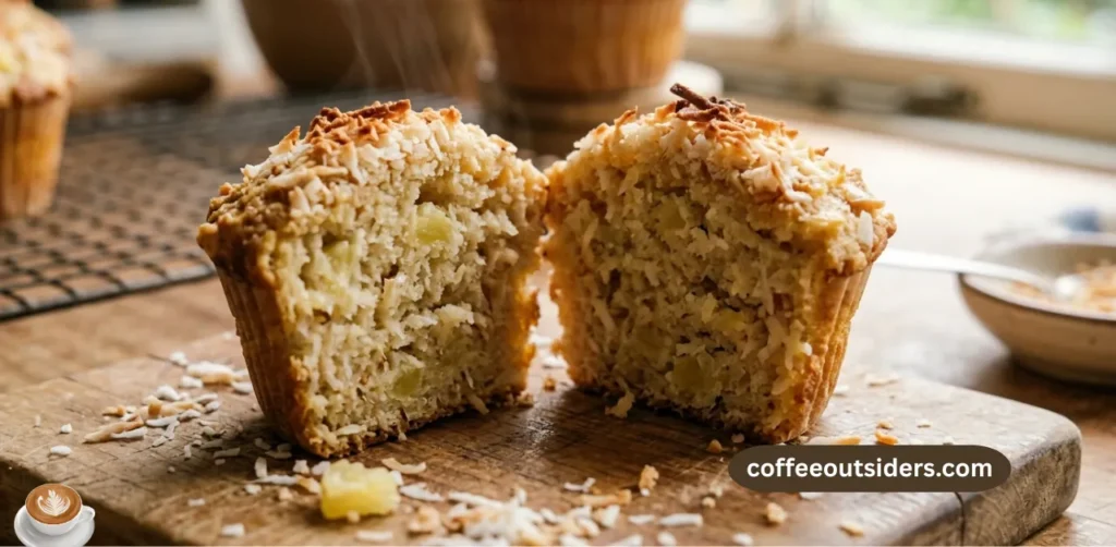 Cross-section of a coconut pineapple muffin showing moist crumb and golden exterior