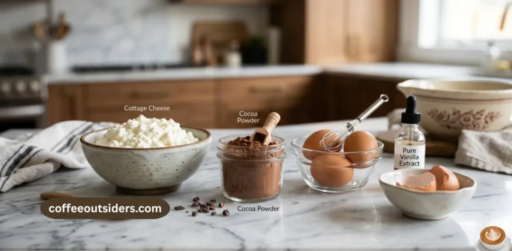 Ingredients for chocolate cottage cheese cheesecake cottage cheese, cocoa powder, eggs, and vanilla on marble surface