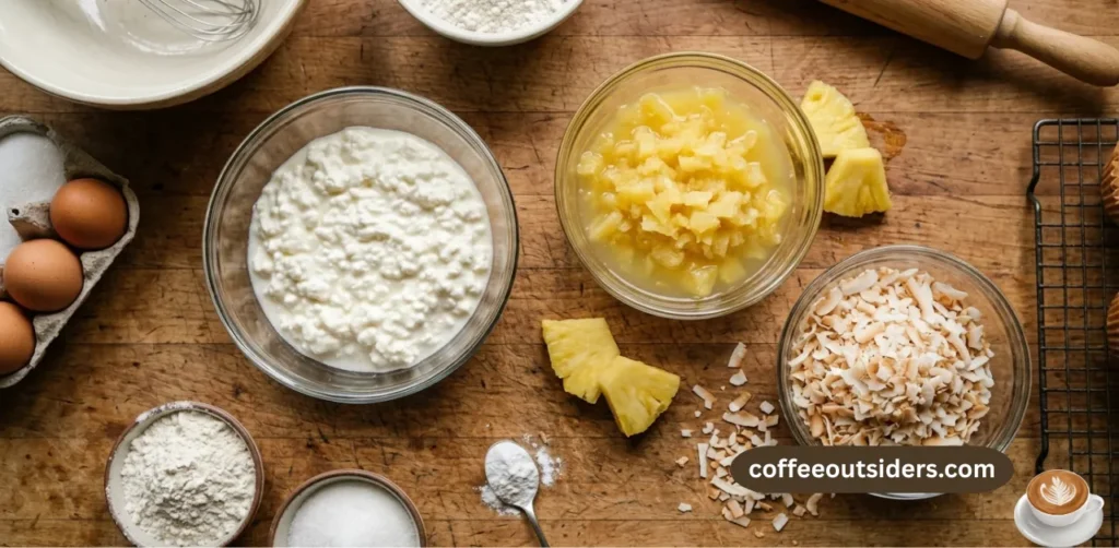 Ingredients for tropical cottage cheese muffins including crushed pineapple, shredded coconut, and cottage cheese