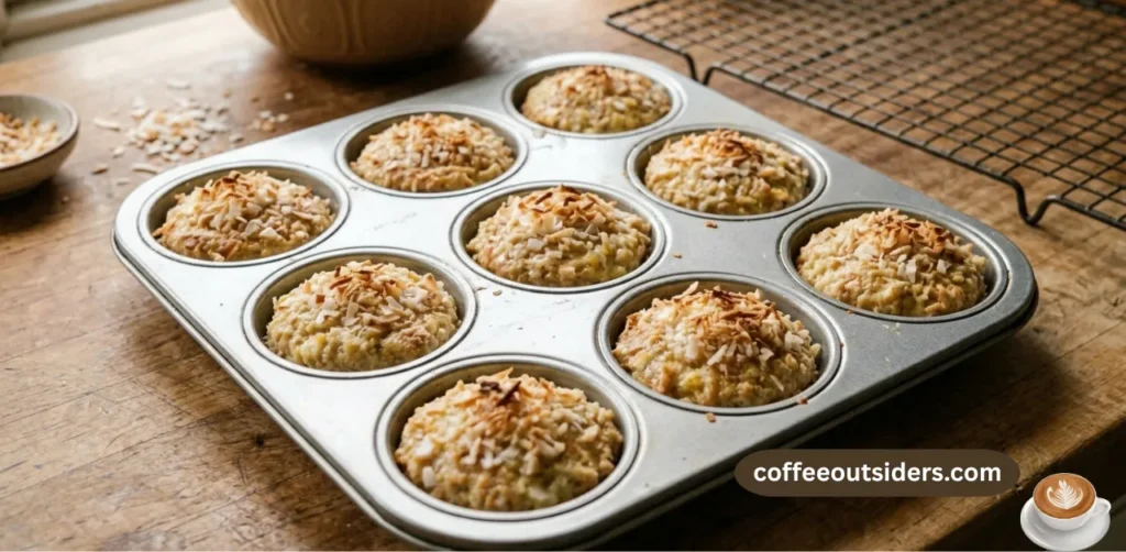 Muffin tin filled with pineapple coconut batter ready to go into the oven