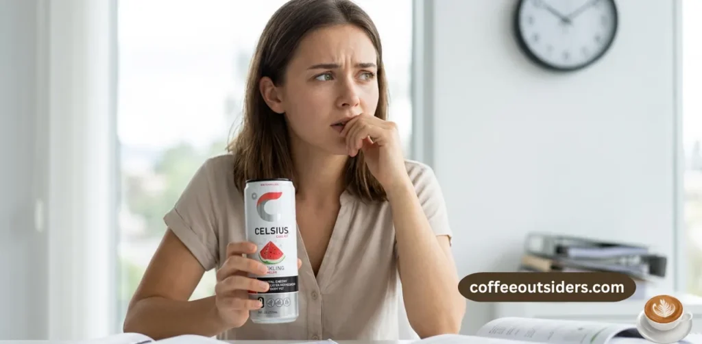 Person experiencing caffeine side effects like anxiety after drinking energy drink